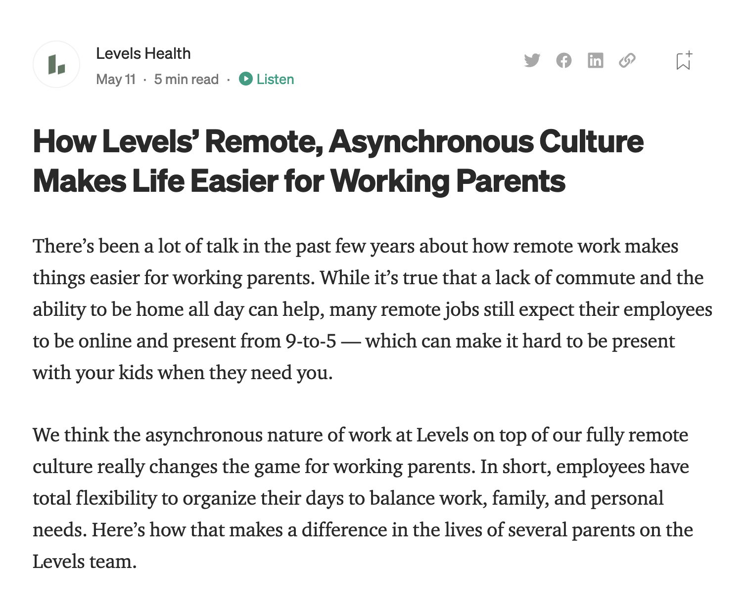 How Levels’ Remote, Asynchronous Culture Makes Life Easier for Working Parents